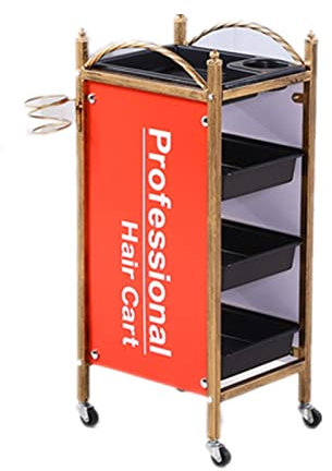 Professioneller Friseurwagen 4/5 Ebenen Retro-Rollwagen Friseurwagen Färbung Styling Ablage Beauty-Spa-Ausrüstung Mit ABS-Schubladenrädern, Haartrocknerhalter,Rot,4 Tiers