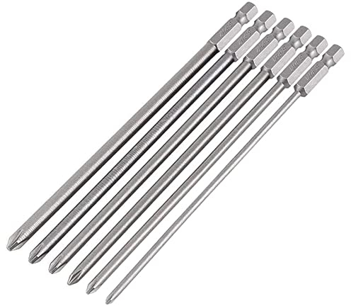 Fixinus Juego de 6 puntas de destornillador magnético largo de ranura cruzada, 1/4 pulgadas S2 de acero Philips destornillador de acero Philips puntas de destornillador eléctrico manual PH1 PH2,150 mm
