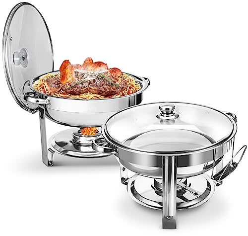 WARMOUNTS Rund Chafing Dish Buffet 2er Set 5L, Speisenwärmer für Catering mit Glasdeckel & Deckelhalter, Hochglanzpoliert Edelstahl, Lebensmittelecht für Feiern, Hochzeit, Events, Camping, Dinner