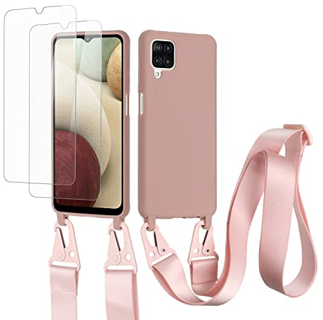 vrupin kompatibel mit Samsung Galaxy A12 Handykette Hülle,[2 Stück Schutzfolie 9H Härte Gehärtete Folie].Necklace Hülle Nylon Schultergurt Weich Flüssiges Silikon-Lotus Farbe