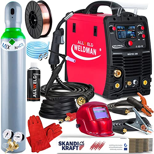 WELDMAN MIGTEC 200-200A Schutzgasschweißgerät mit Synergie - MIG/MAG, MMA, WIG DC, FLUX - Induktivität, Lötschweißen - 2T/4T-Modus, LCD, IGBT, Set: ProfessionalPlus