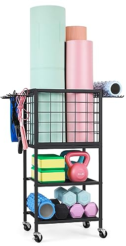 ETELI Yoga Mat Storage Rack Home Gym Workout Equipment Storage Cart with Hooks Wheels Small Metal Weight Rack for Dumbbells, Kettlebells, Foam Rollers, Resistance Bands, Yoga Block