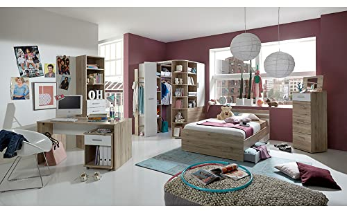 Lomadox Schlafzimmer Jugendzimmer komplett Set mit Eckkleiderschrank, begehbar und beleuchtet und inkl. Schreibtisch und Bücherregal Set in Eiche Nb. mit weiß