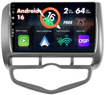SXAUTO Android 16 IPS Autoradio für Honda Fit/City/Jazz (2002-2007) - Eingebaut CarPlay/Android Auto - Rückfahrkamera KOSTENLOS - 2G+64G - Lenkradsteuerung DAB Fast-Boot WiFi DSP - 2 Din 9 Zoll