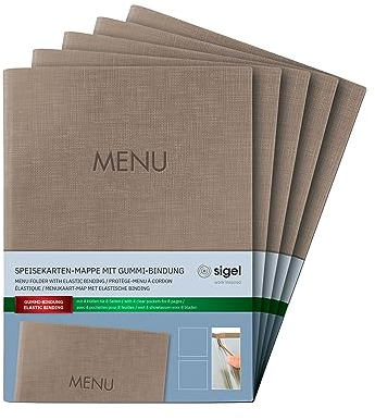 SIGEL SM211/5 Speisekarten-Mappe A5, Gummi-Bindung, beige mit Leinenstruktur, 5er Pack, strapazierfähig und leicht abwischbar