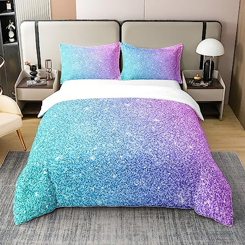 100% Bio-Baumwolle Bunte Glitter Bettwäsche 135x200 Girly Türkis Teal Blau Rosa Pastell Mädchen Bettbezug Trendy Tröster Bezug für Kid Frauen Quilt Cover Sparkle Pailletten Muster Bling Zimmer Dekor