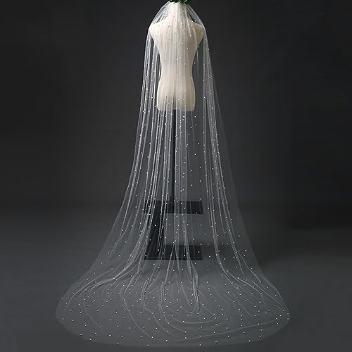 LXURY Hochzeitsbrautschleier 1-Schichtig Langer Brautschleier Mit Perlen Elegant Einfach Hochzeitszubehör Damen Weicher Tüll Bodenschleier Mit Kamm, Weiß, 200cm×160cm