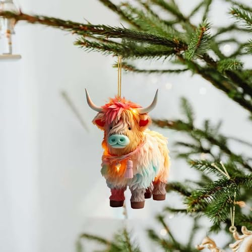 Cartoon Kuh Dekorative Acryl Bunte Hohes Land Kuh Weihnachtsbaum Ornamente Weihnachtsdeko Niedlicher Weihnachtskuh Hängende Deko Auto Anhänger Weihnachtsschmuck Christbaumschmuck (D, 8cm)