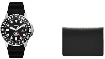 Fossil Montre Blue GMT en Silicone et Portemonnaie Westover en Cuir Noir, Set
