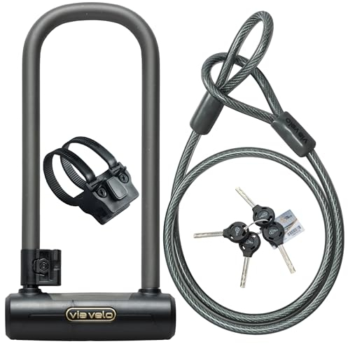 Via Velo Bike U Lock with Cable | Pro U Lock 20CrMnTi Steel Anti-Theft Lock with Bracket and 1.2m Cable and Sold Secure Gold Approval for Road, Mountain, Electric, Folding Bikes and Electric Scooters