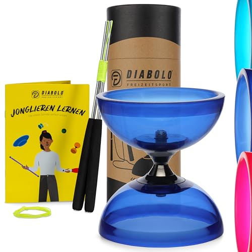 Diabolo Freizeitsport Kit de jonglerie Pro Clear avec diabolo transparent (bleu), réactif aux UV pour la lumière noire - avec baguettes à main, cordon de rechange (160 cm)