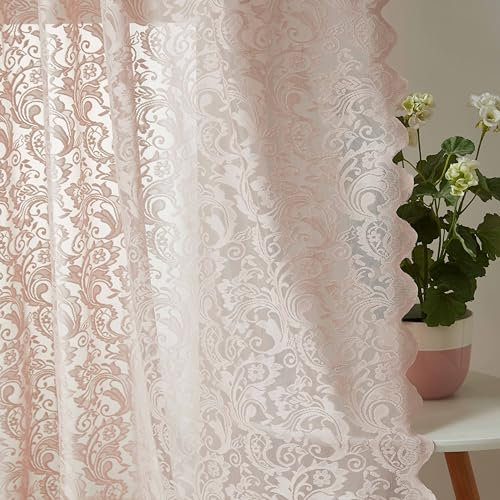 Bujasso Pink Sheer Lace Curtains 54 inch Victorian Short Curtain Panels for Kitchen Living Room Bedroom Elegant Light Filtering Pink Drapes Window Treatment Sets Rod Pocket 2 Panels 54 Wx54 L