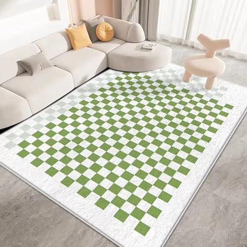 Teppich Teppich esszimmer,Creme grau grün Kariertes DesignWaschbar und rutschfest,esstisch Teppich spielunterlage,80x160cm