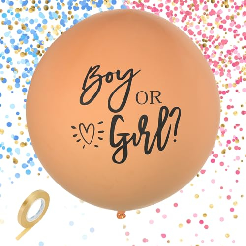 BLOOMWIN Gender Reveal Balloon Beige - Baby Gender Reveal Party Deko Beige Boy or Girl Ballon XXL 91cm Gender Reveal Party Neutral Geschlechtsverkündung Baby Luftballon mit Konfetti Rosa und Blau