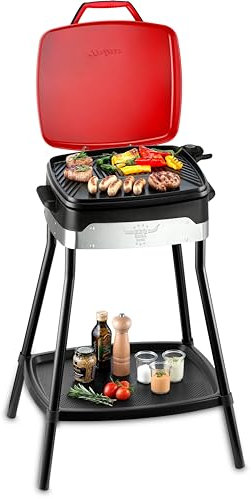 Trisa Elektrogrill für Balkon, Wetterfest, 40x36 cm Grillplatte, Verstellbares Thermostat, Abnehmbarer Deckel, Praktisches Regal, Schnelle Erwärmung