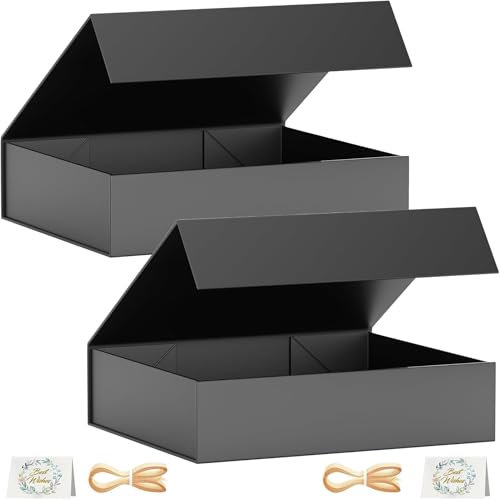 2 Pack Geschenkbox, 30x20x7,6 cm Geschenkboxen für Presents with Lids Magnetic Closure Rectangle Collapsible for Groomsman Proposal Box, Christmas, Halloween, Birthday Gift Packging (Schwarz)