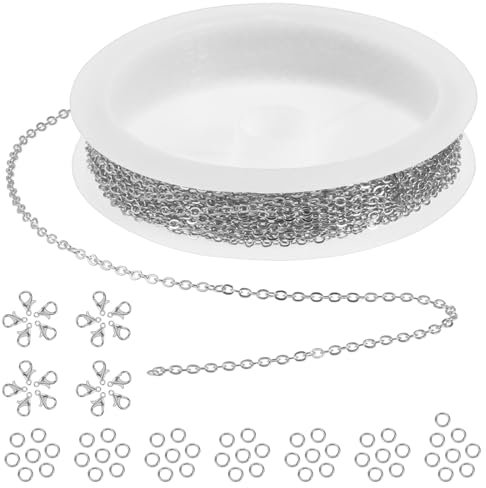ElevateTech Edelstahl Kette Halsketten, 16.4 Meter DIY Link Chains für Schmuck Herstellung Kabel Ketten Metallkette mit 20 Karabiner Verschlüsse und 50 Sprung Ringe für Schmuck Armbänder Machen