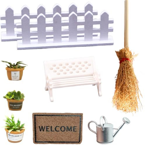 Conjunto de Miniaturas para Casa de Muñecas – Set de 9 Piezas con Plantas, Banco, Escoba, Alfombra, Regadera y Vallas de Madera – Miniatura Realista para Decorar un Hermoso Jardín de Miniverse