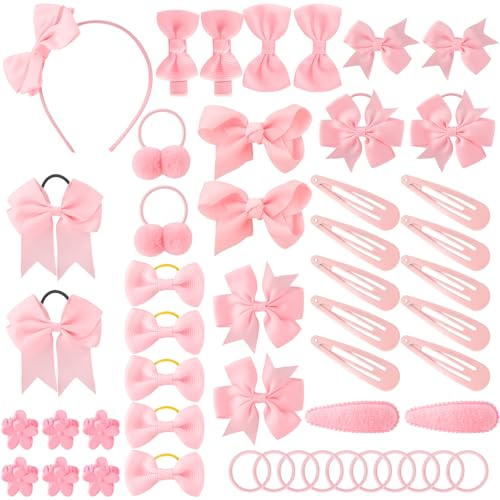 FRIUSATE 50Pcs Pink Bow Girls School Hair Accessories Hair Clips Kit | Elastic Headband Hair Clips Kit, Pompom Hair Band Hair Accessories, Bow Ponytail Holder for Christmas Birthday Gift