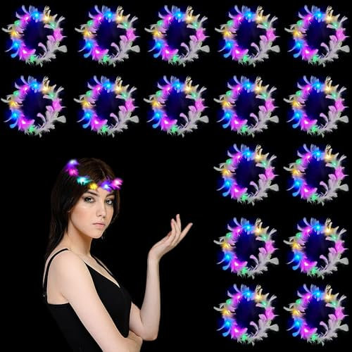 LED Fleur Guirlande Cheveux,16 Pièces Couronnes de Cheveux lumineuses en Plumes,LED Bandeau Fleur,LED Plumes Bandeaux Lumineux Bandeau,Halloween,Noël,Décoration de Fête (F)