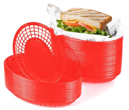 JJWNMLL 60Pcs Food baskets, reusable plastic oval red fruit basket,cinema snack tray,fries,sweets,crisps,party,picnics,BBQ,summer garden party festival