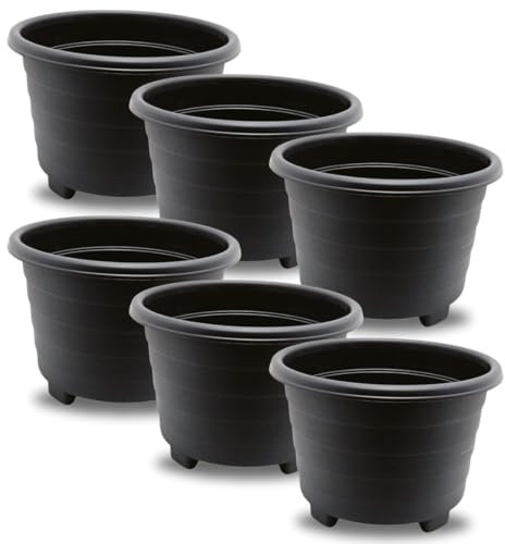 SIDSONS Large Sleek Black Planter 32cm - Plastic Plant Pots, Indoor Flower Pot, Outdoor Garden Patio Planters, Marked Drainage Hole, Round Planter With Feet, Herb Plant Container (6, 32cm Sleek Black)