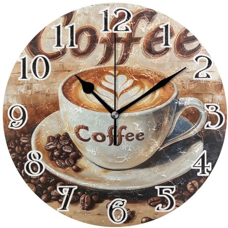 Mnsruu A Coffee Cup Clock Wall Clock for Living Room Silent Non-Ticking Round Clock 25cm Easy to Read Clocks Kitchen Home Decorative
