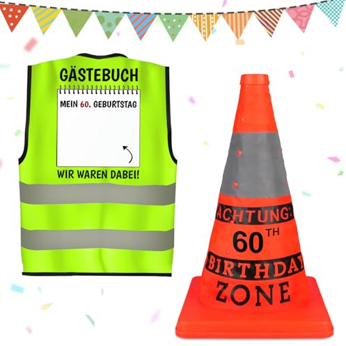 Giftota Original 60 Geburtstag Geschenk 2 Stück, Sicherheitskegel und Weste mit Grußkarte 60 Geburtstag Männer, Geburtstagsgeschenk 60 Mann Partyzubehö, Lustige Party Dekoration für Frauen & Männer