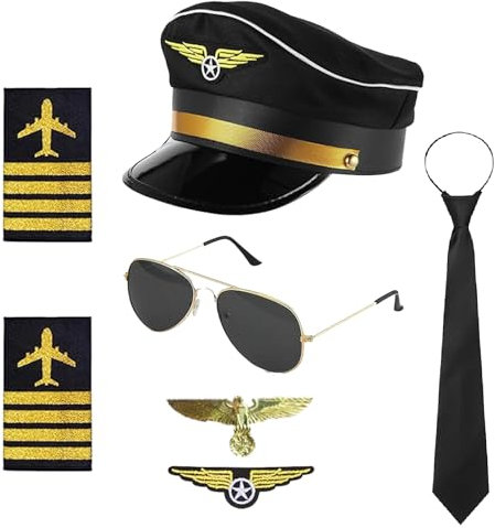 Accessorio per costume da capitano pilota, set da capitano per carnevale, spalline a righe, cappello da pilota, berretto da pilota, distintivo, per uomini adulti per travestimenti da festa (Ferroso)