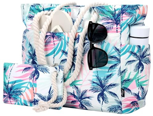 Kasgo Strandtasche XXL Familie Damen Groß Wasserdichte Badetasche mit Reißverschluss Leichte Beach Bag Faltbare Shopper Tote Bag für Strand Schwimmbad Fitnessstudio Reisen Kokospalme
