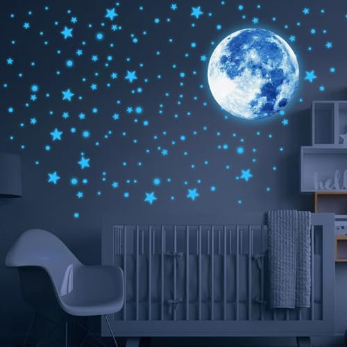 Im Dunkeln leuchtende Sterne, 435 Stück, Wandaufkleber mit im Dunkeln leuchtenden Sternen und Monden für die Wanddekoration im Kinderzimmer, Schlafzimmer und Wohnzimmer (Blau)