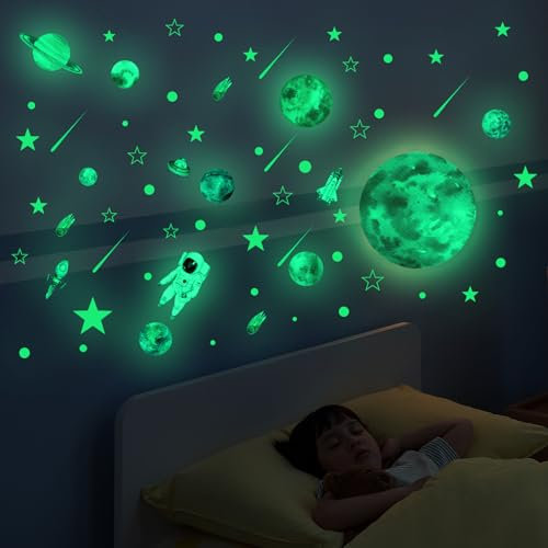 Dcsfadq Leuchtsterne Selbstklebend Glow in the Dark Stars Wandsticker, Weltraum Leuchtende Wandaufkleber Set mit Planeten, Astronauten und Sternen Leuchtsticker für Kinderzimmer Wohnzimmer