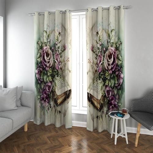 PARREN Vintage Chic Verdunkelungsvorhänge Rose und Buch Stillleben Wärmeisolierte Fensterbehandlung Ösen Raumverdunkelung für Türöffnung W132xL214cm 2 Stück