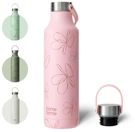 bottlebottle Insulated Flask 600 ml - Stainless Steel Drinking Bottle with Cow Pattern, BPA-Free, Leak-Proof, Double-Walled for Carbonated Drinks, Thermal Bottle for School, Office, Outdoor (Pink)