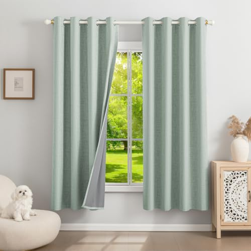Runyéla 100% Verdunklungsvorhänge Leinen Gardinen mit Ösen 2er Set, Thermovorhang Hitzeschutz H 175 x B 140, Leinenoptik Vorhänge Blickdicht Salbeigrün Schallschutz für Schlafzimmer Wohnzimmer