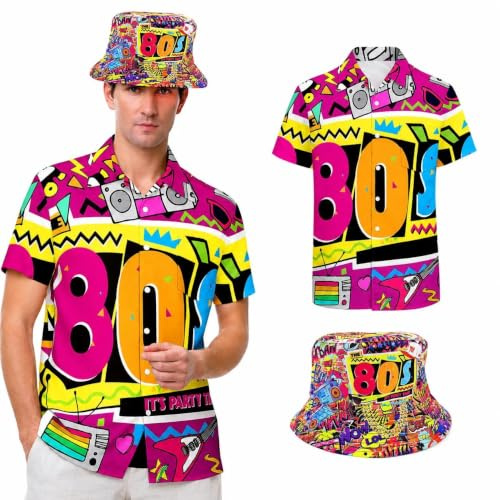 80er Jahre-Workout Outfit für Männer Trainingsanzug Kostümparty Fasching Skostüme Männer Retro-Shirts Bucket Hats Hippie Disco