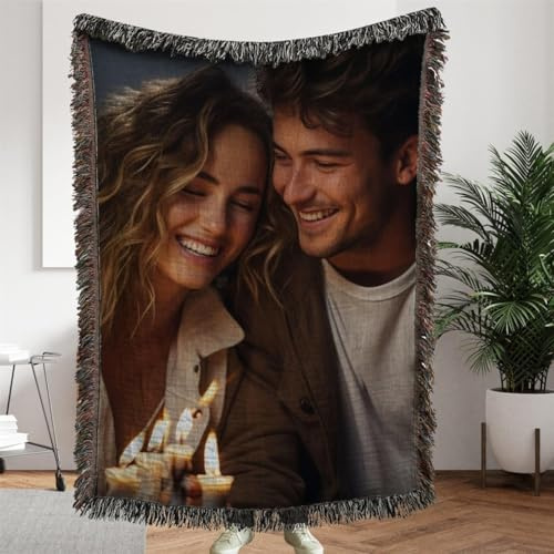 Personalisierte Baumwoll-Überwurfdecke, personalisiertes Foto, gewebte Baumwolldecke, gewebte Decke mit individuellem Foto (130 x 180 cm)