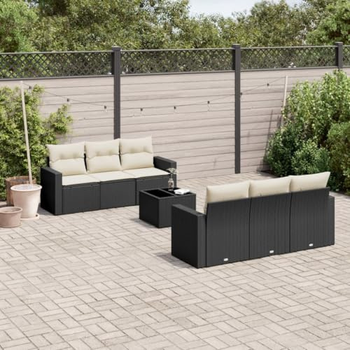 HETFTJN Salon de jardin 7 pièces - En rotin synthétique - Noir - Avec table basse en verre - 65,5 x 62 x 69 cm - Résistant aux intempéries - Pour balcon, terrasse, jardin