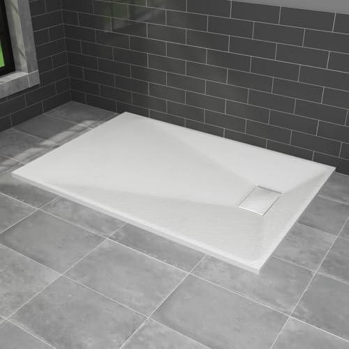 NRG 1200 x 900mm SMC Shower Tray, White Shower Base and Fast Flow Waste | Slate Effect, Non-Slip Gel Coat, Centre Side Waste, Easy Clean, for Bathroom