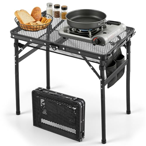 Warmiehomy Folding Camping Table, 2-Height Adjustable Aluminum Picnic Table with Side Pockets & Storage Mesh, Portable Grill Table for Camping, Picnic and BBQ, 60x40cm