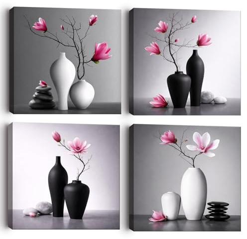 Alptiny Canvas Wall Art Set of 4, Framed Floral Vase Wall Art Prints, Pink Magnolia Flower Picture Canvas Artwork, Black White Botanical Decor for Living Room Bedroom Decor 30x30cm