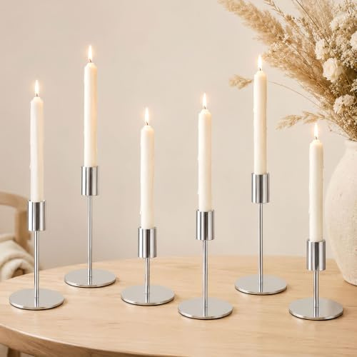 6 Set Kerzenhalter aus Metall, Kerzenständer Stabkerzen 16/14/8.5CM, 3 Verschiedenen Höhen Kerzenständer für für Hochzeit, Tischdeko, Kamindekoration & Abendessen (Silber)