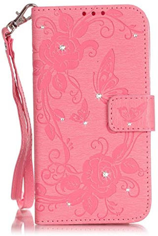 SATURCASE Butterfly and Flower Rhinestone PU Leather Flip Magnet Wallet Stand Card Slots Case Cover for Apple iPhone 7 Plus / 8 Plus 5.5 Pink