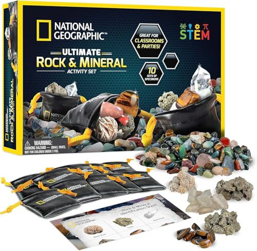 National Geographic Rock Party Set – 567g Assorted Rocks and Gemstones, 10 Specimens Each of Pyrite, Desert Rose, Quartz, Pumice, and Tiger’s Eye, 10 Individual Carry Bags and Identification Guide