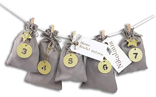 Frau WUNDERVoll® Stoff Adventskalender zum Befüllen Schneeflöckchen grau Stoffbeutel, Ziffern gold/Weihnachten Beutel Säcke Säckchen Stoffsack Baumwolle Geschenkbeutel kinder Kinderadventskalender
