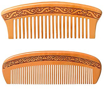 CHUANGOU 2pcs Peine Artesanal de Madera, Peine Natural antiestático, Masaje el Cuero cabelludo (1 Diente Ancho y 1 Diente Fino)