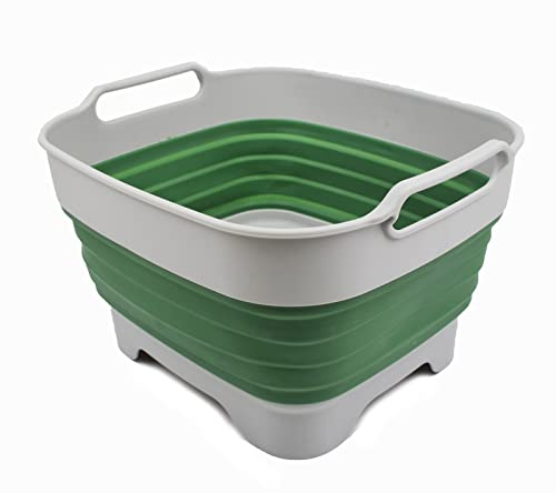 SAMMART 9L Collapsible Dishpan with Draining Plug - Foldable Washing Basin - Portable Dish Washing Tub - Space Saving Kitchen Storage Tray (Grey/Dark Sea Green, 1)