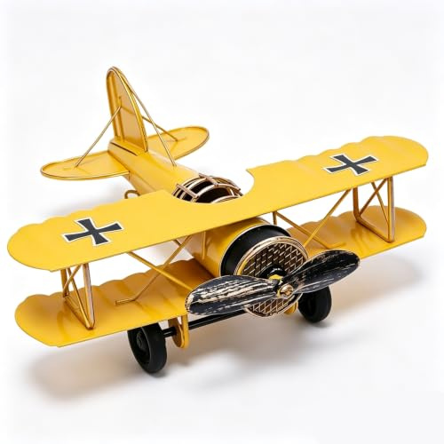 Cyrank Retro Airplane Aircraft Model, Vintage Metal Airplane Decor Metal Biplane Model for Home Office Desktop Christmas Tree Decoration (Yellow)