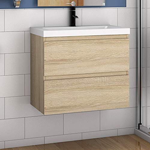 Aica Sanitär Waschtisch mit Unterschrank 50 cm Badmöbel Set mit Waschbecken Mineralguss Gäste WC Eiche Matt