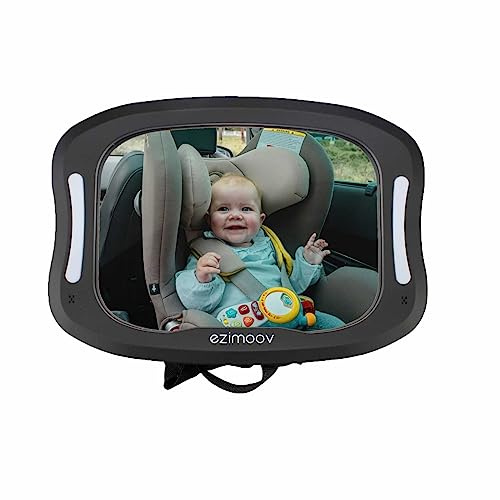Ezimoov – miroir voiture bébé siège arrière - Télécommande éclairage LED – Rétroviseur pour voir votre enfant en toute sécurité – matière rpet emballage recyclable – vue large et net même de nuit